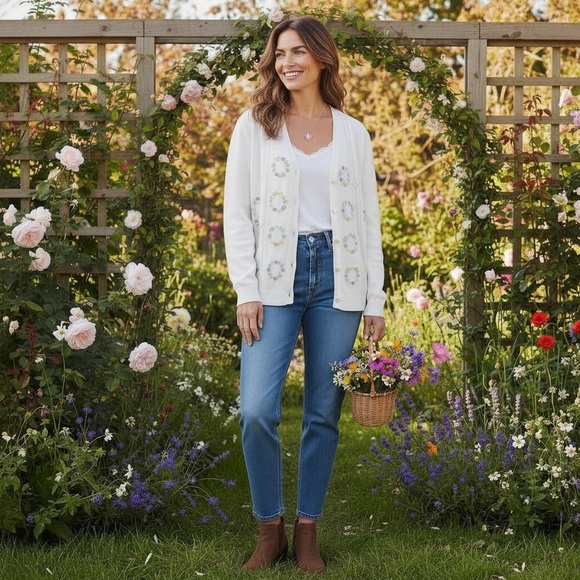 Vintage Knit Cardigan Long Sleeves Pearl Buttons & Embroidered Pastel Florals - Picture 5 of 11